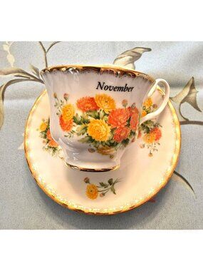 Vintage November Bone China Teacup & Saucer Set Floral Collectible JH8005